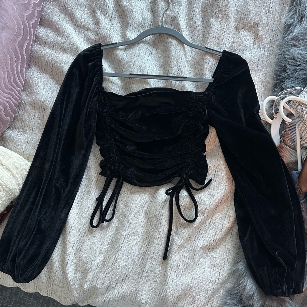 Chic Black Velvet Ruched Women's Blouse